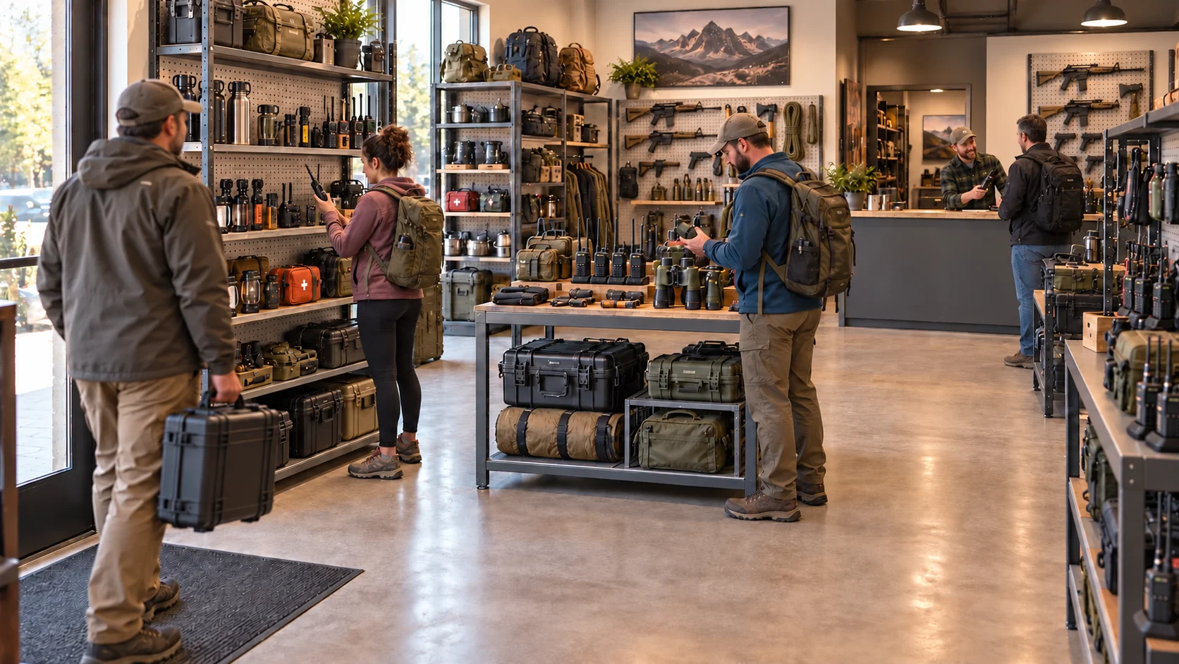 The same equipment shop with customers browsing and the owner demonstrating a product in brighter light