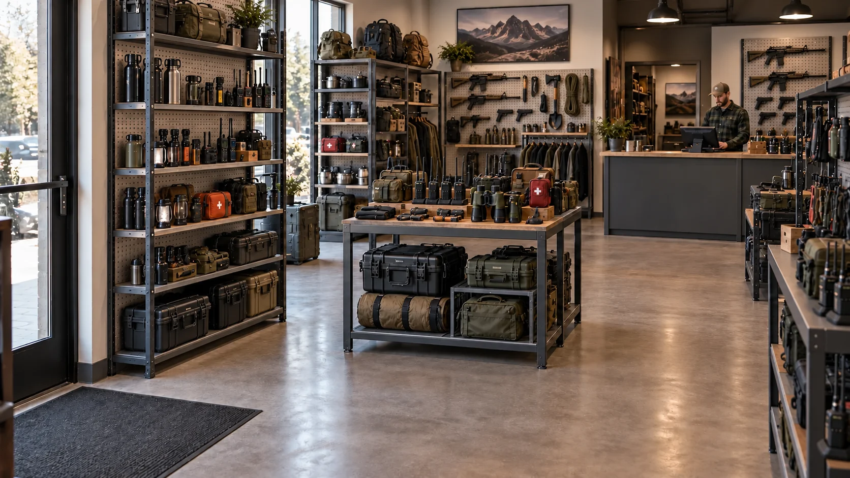 Quiet outdoor equipment shop with metal shelving and the owner behind the counter