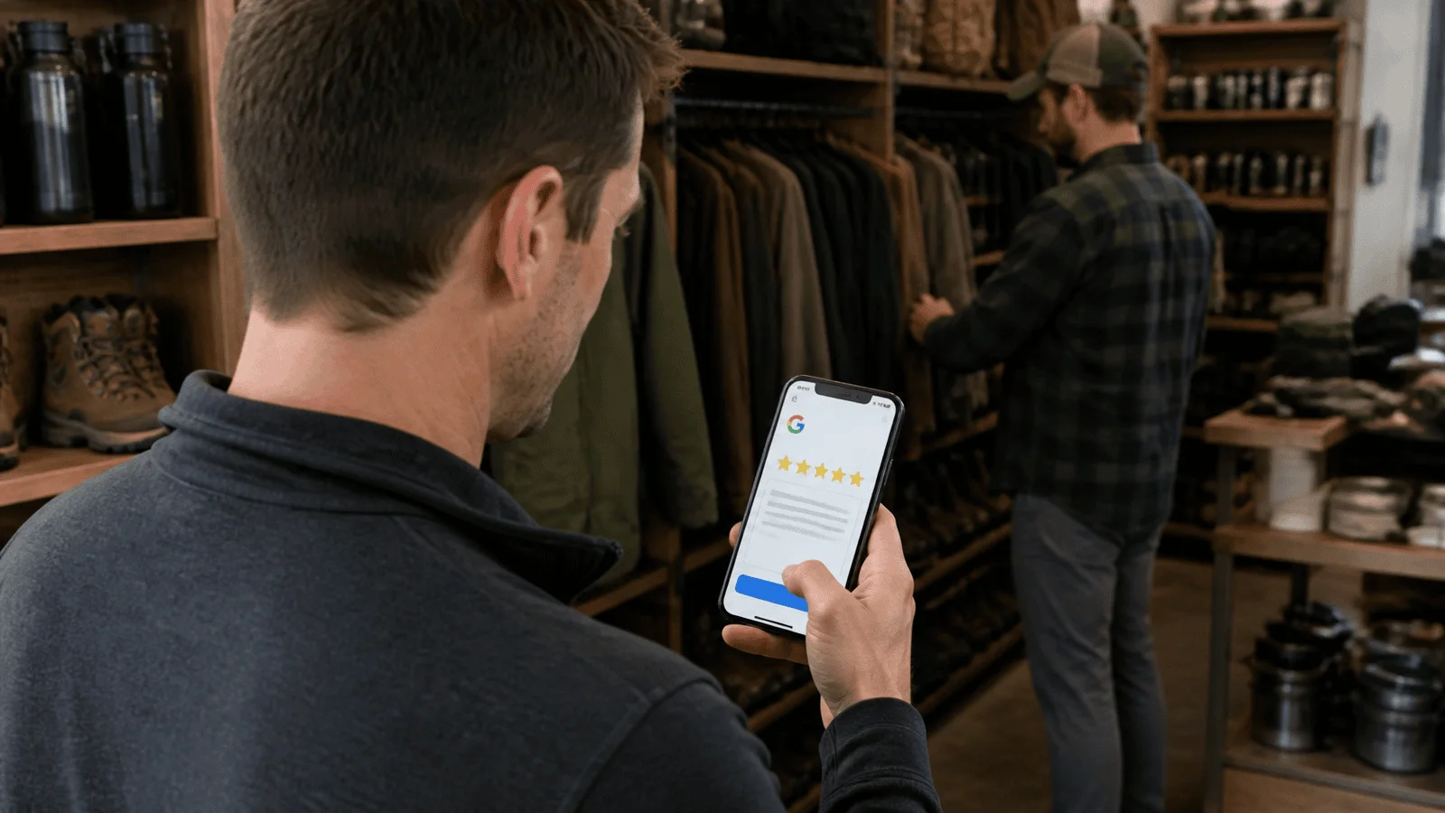 Customer leaves a five-star Google review on his phone inside a sporting goods store